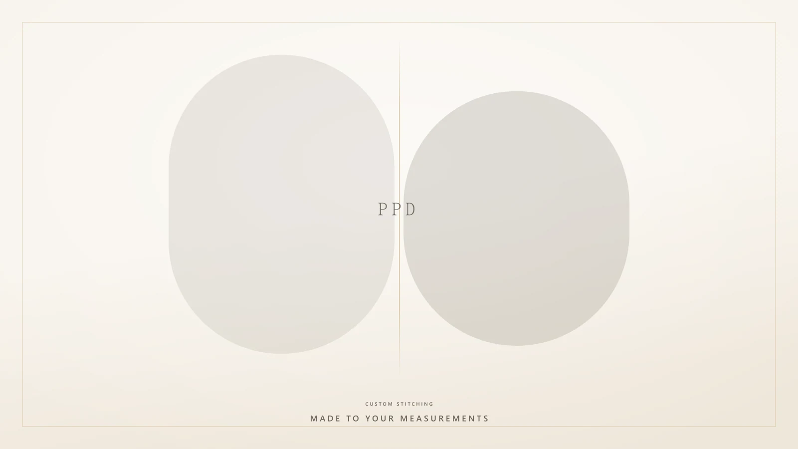 Editorial card for custom stitching: two softly overlapping stone-toned columns on a warm ivory ground.