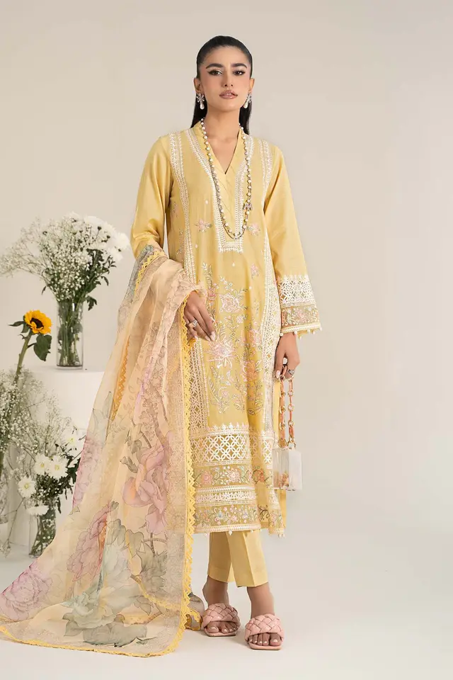 3 Piece Embroidered Dobby Lawn Suit Yellow luxury lawn full-length primary view