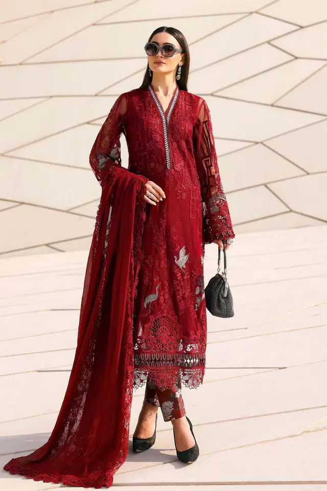 3 Piece Unstitched Embroidered Net Suit luxury lawn full-length primary view