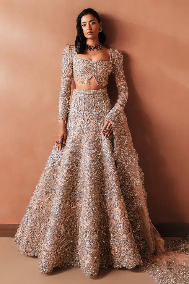 Catherine by Soraya soft pink embroidered net bridal lehenga, full front view