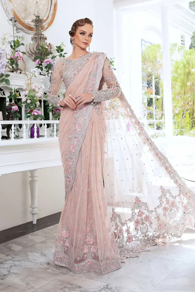 Maria.B-inspired Dahlia powder pink embroidered net saree replica