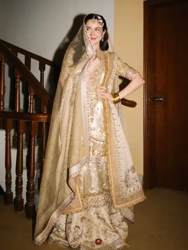 Hania Aamir Style champagne-gold farshi gharara