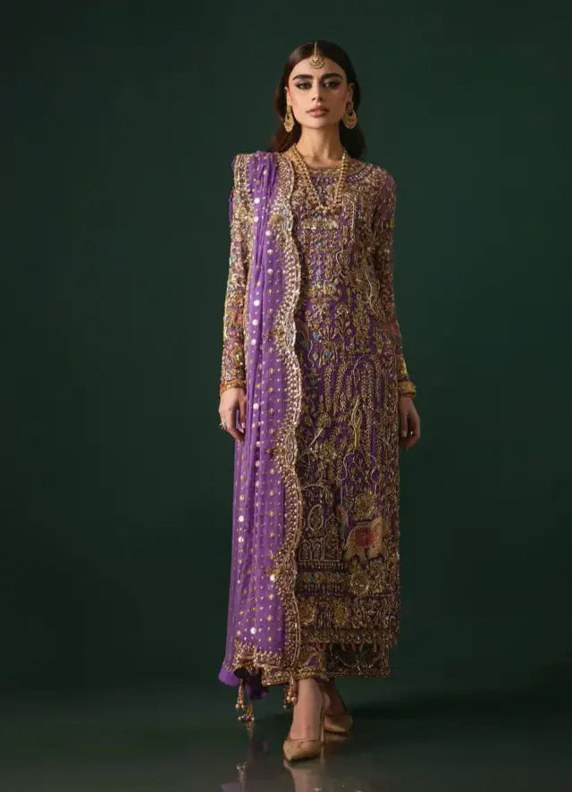 Nomi Ansari Style purple three-piece lehenga ensemble
