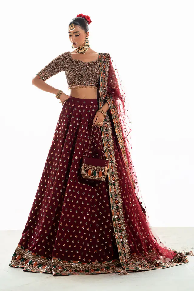 Mina Kashif Saama maroon lehenga choli replica