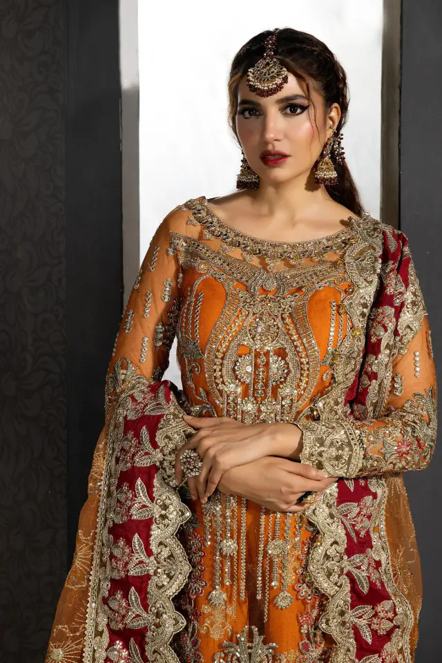 Sofi IB-42 orange embroidered formal, full-length front view