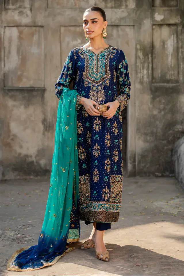 Vintage-inspired Zohra dark-blue and turquoise formal
