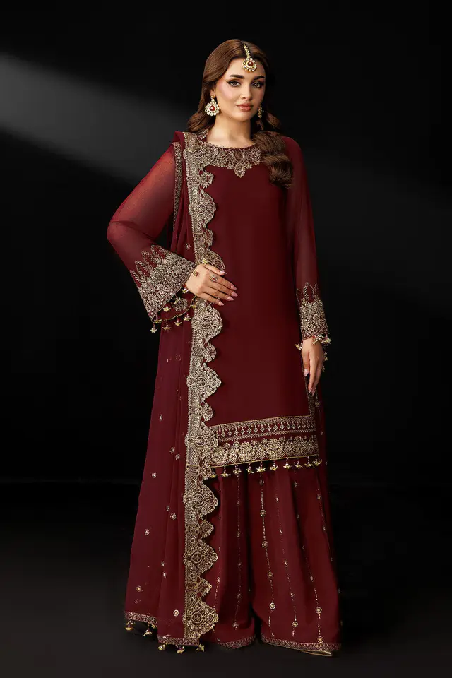 Marsala designer-inspired formal dress, full-length primary view
