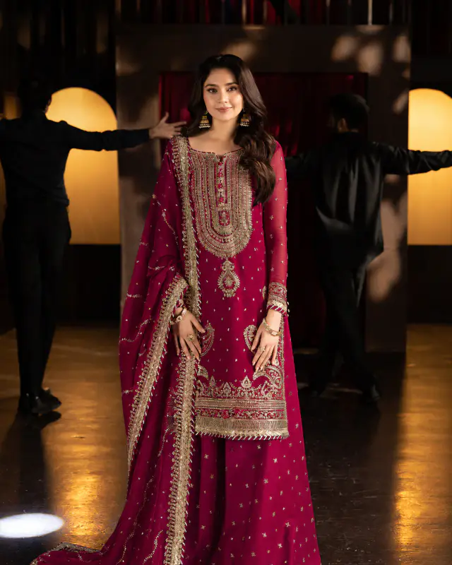 AJFO-02 deep magenta chiffon ensemble with gold and silver embroidery, full-length front view