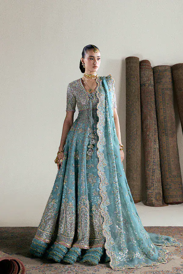 Anaira bridal pishwas, lehenga and scalloped dupatta styled full length