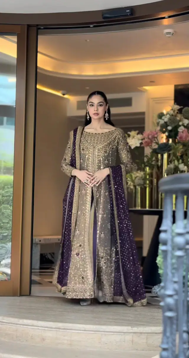 Aroha brushed bronze embroidered ensemble with deep purple dupatta, full-length front view