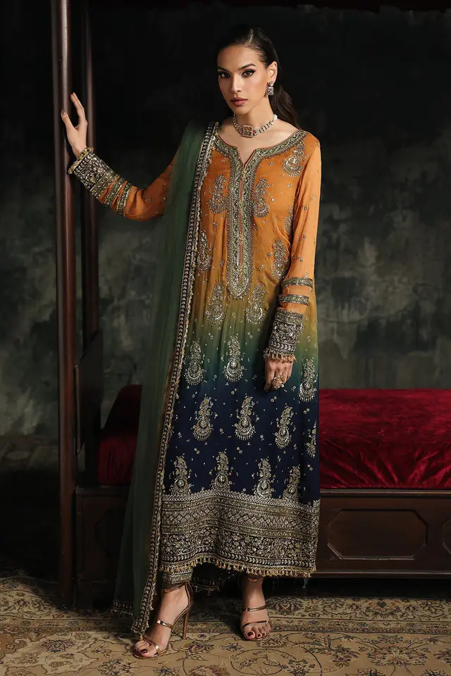Embroidered Dyed Silk designer-inspired formal dress, full-length primary view