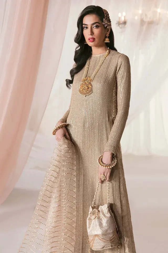 Ecstasy champagne sequinned long shirt with organza dupatta, front view