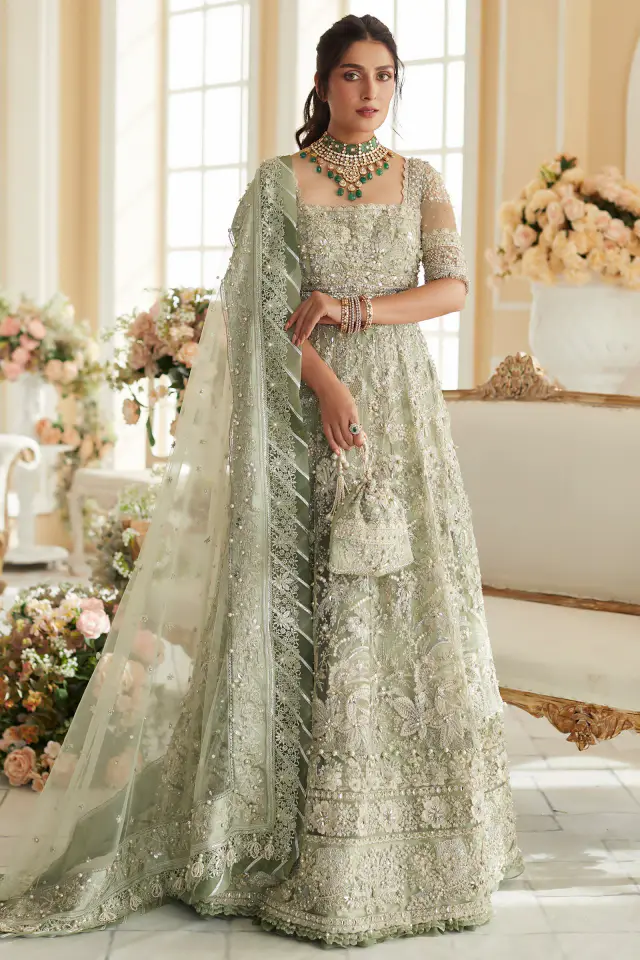 Arya Style pistachio peshwas and sharara ensemble