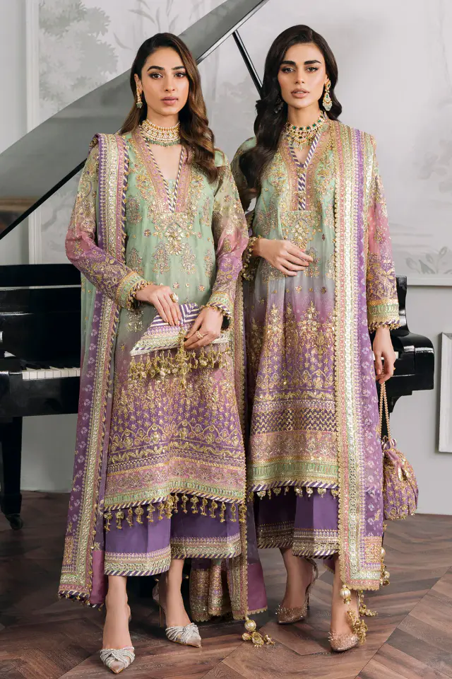 Baroque CH12-08 mint green and lilac embroidered chiffon three-piece dress, full front view