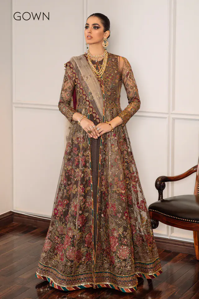 Baroque CH09-02 chocolate brown embroidered net formal dress, full length front view