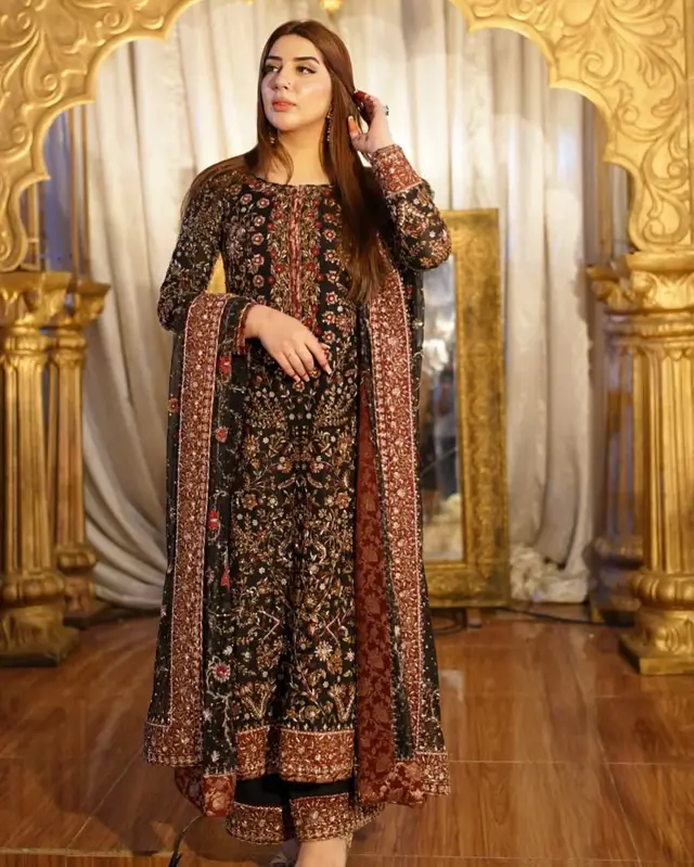 Haris Shakeel - Black Floral designer-inspired formal dress, full-length primary view