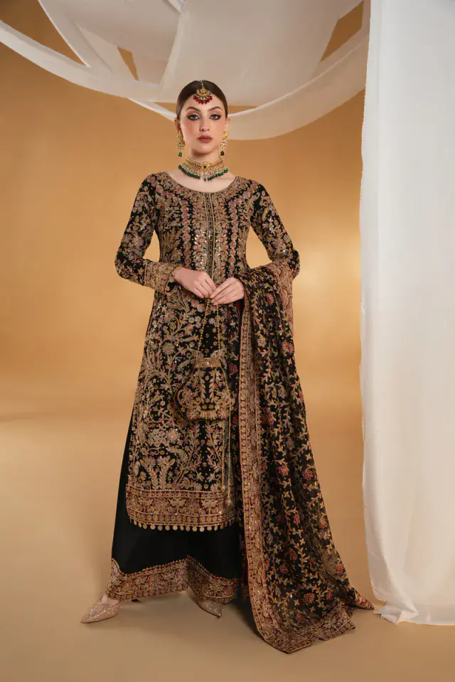 Haseena black embroidered sheesha silk formal dress, full-length front view