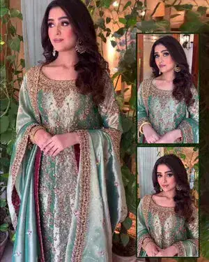 Haris Shakeel - Sea green gold full-length primary view