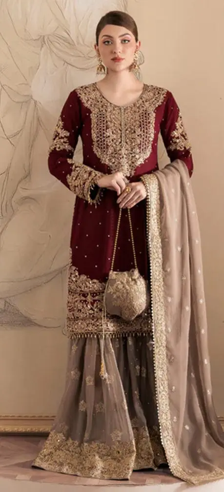 Haseens Luxury Embroidered Velvet Wedding Collection- Reddish Maroon full-length primary view