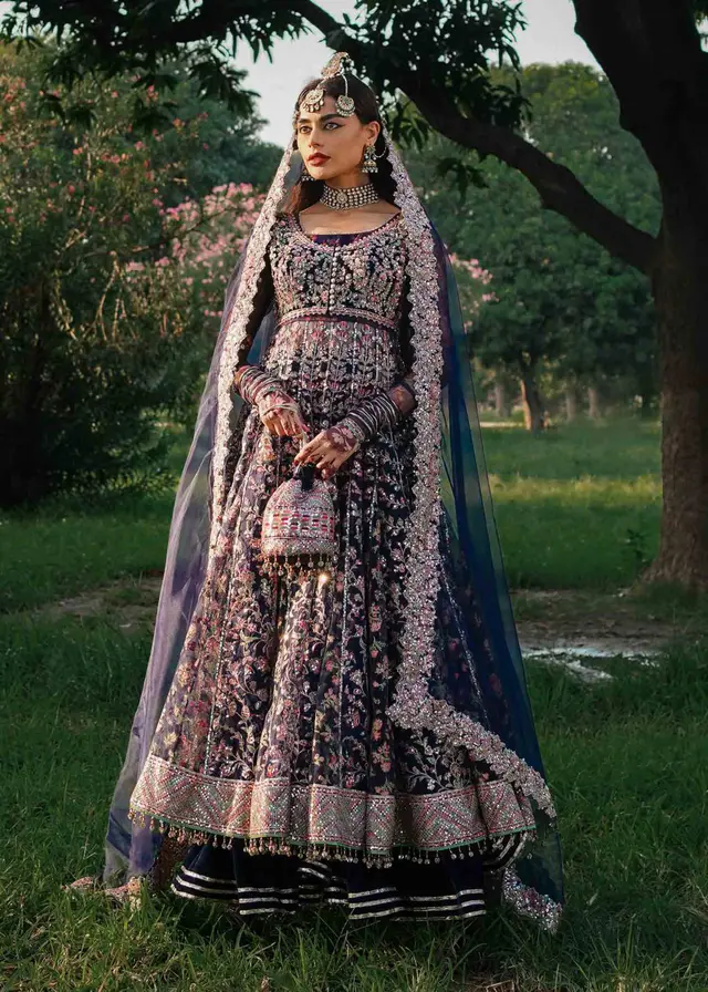 Hussain Rehar-inspired Falak navy blue velvet and organza peshwas replica