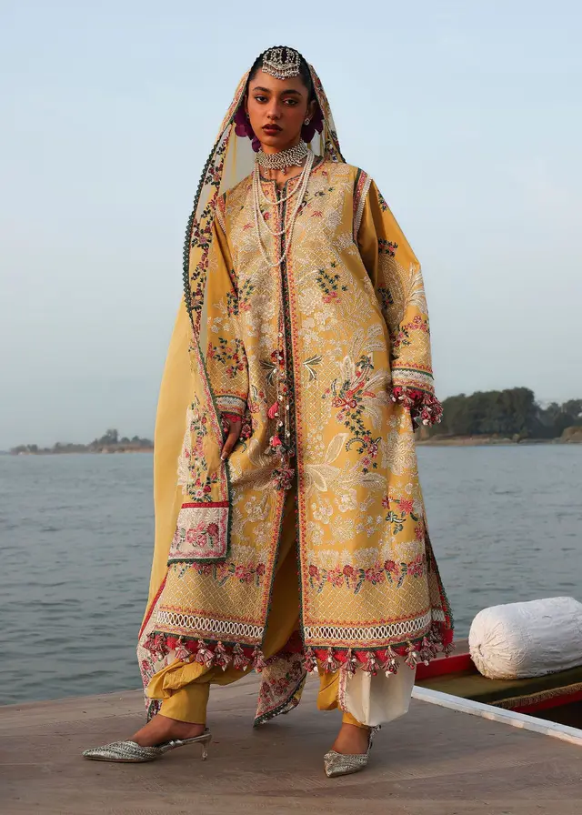 Hussain Rehar - Ochre luxury lawn full-length primary view