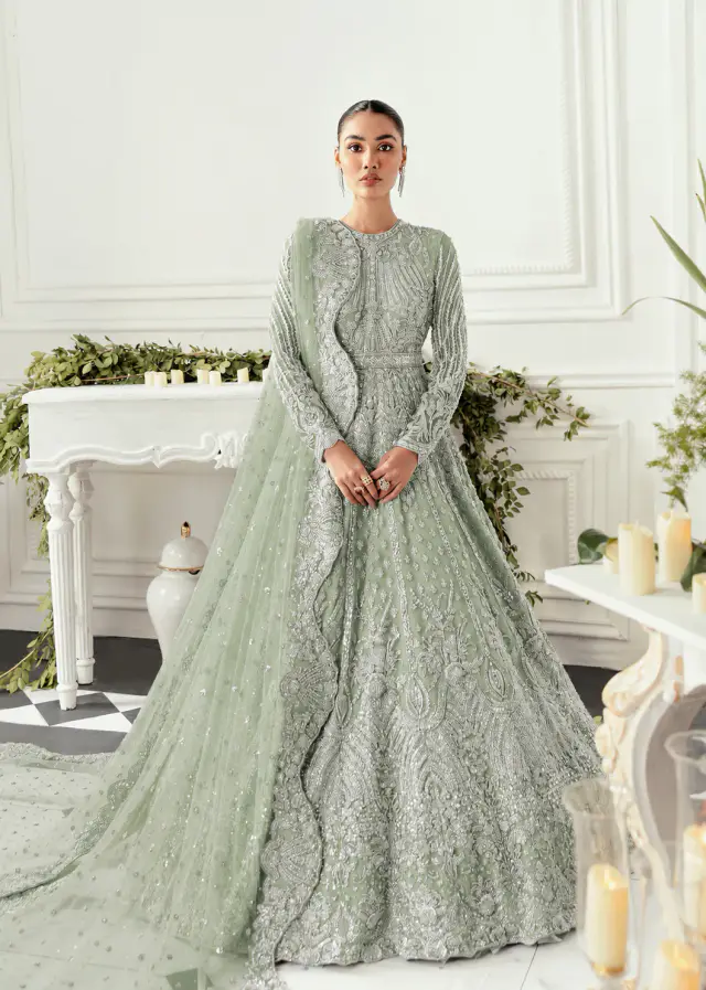 Hyacinth AK-02 soft mint green wedding maxi with silver embroidery, full front view