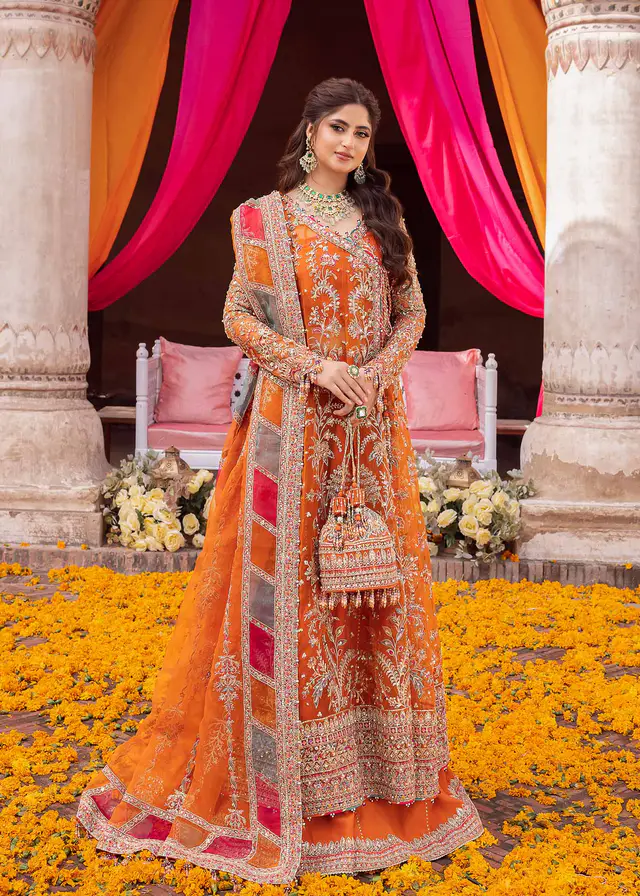 MINA orange organza angrakha with gold hand embellishment, full-length front view