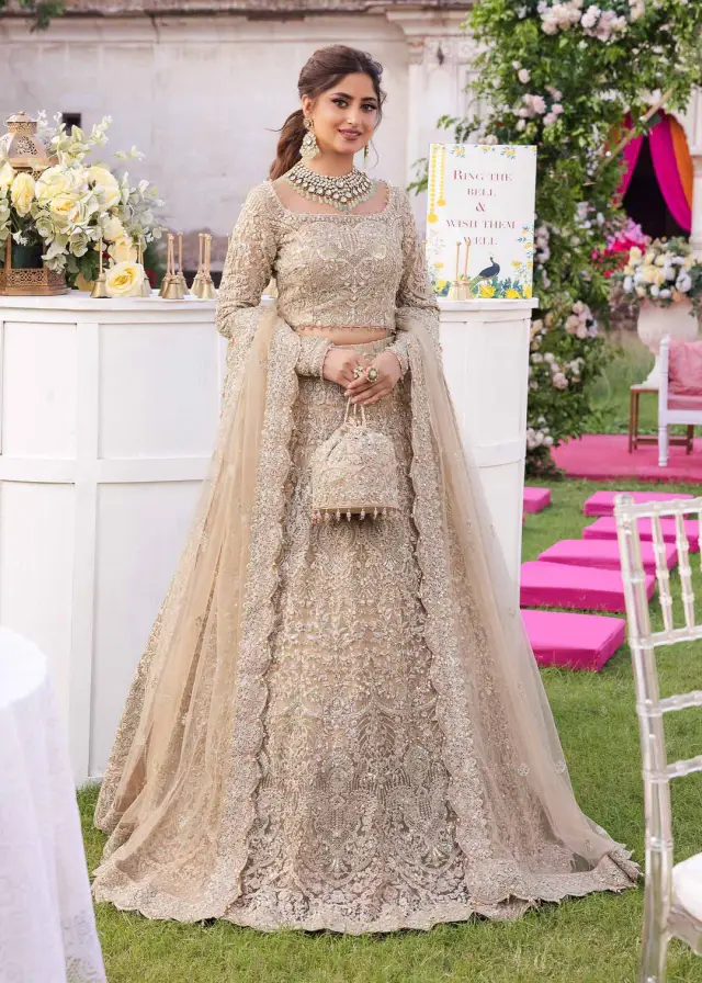 Kanwal Malik – Samira champagne panelled bridal lehenga — full outfit view