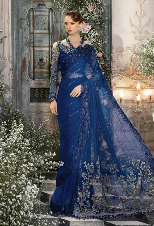 Embroidered Chiffon Saree in royal blue — full outfit view