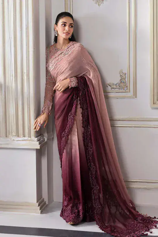 Dusty Rose Embroidered Saree in dusty rose / deep maroon — full outfit view