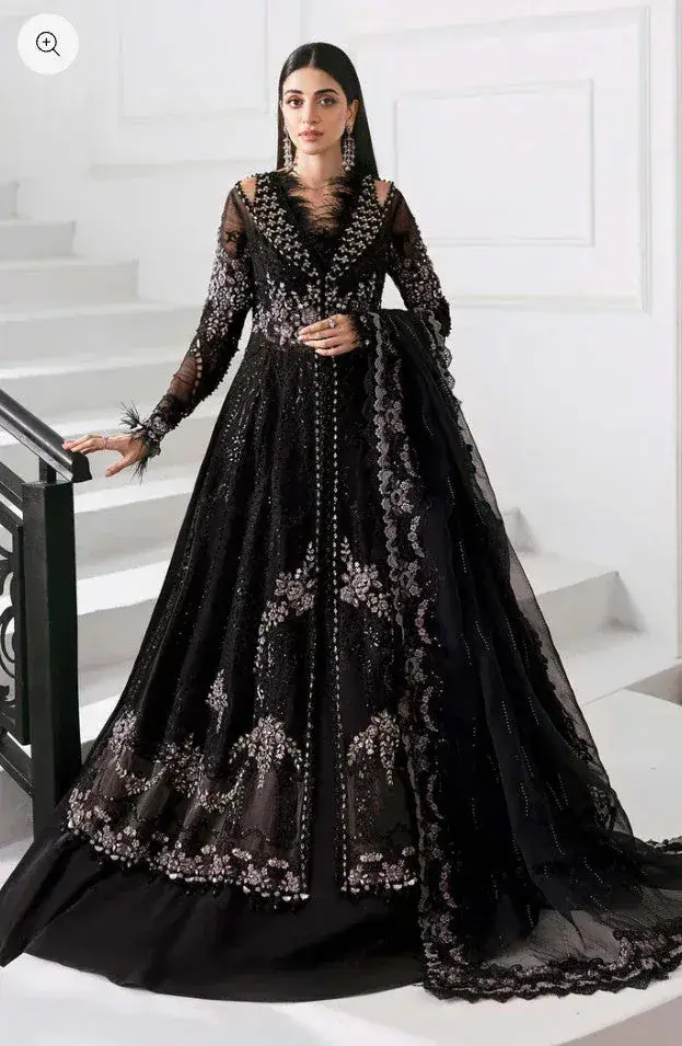 Black Embroidered Chiffon Suit in black — full outfit view
