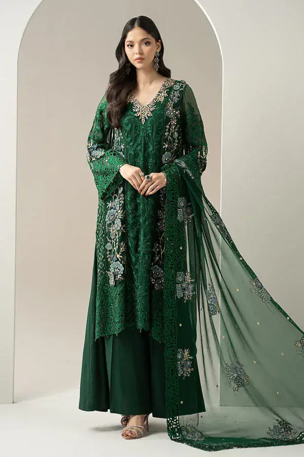 3-Piece Embroidered Chiffon Suit in emerald green — full outfit view