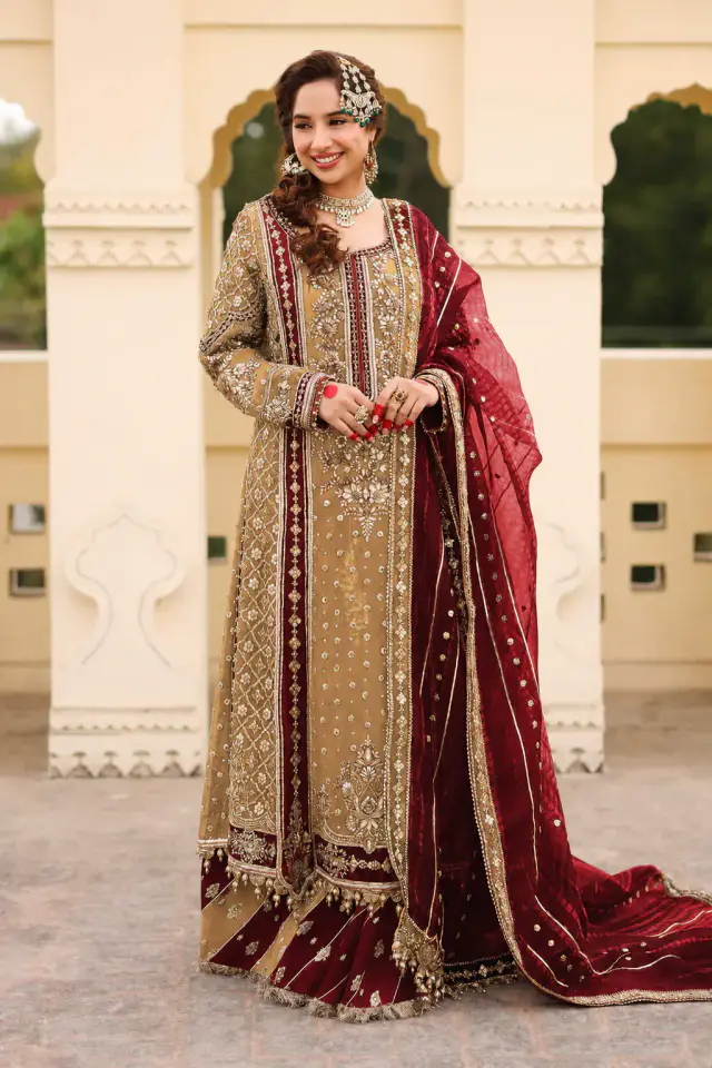 Begum Jahanara FX-892 champagne-beige and deep-maroon embroidered sharara ensemble, full-length front view