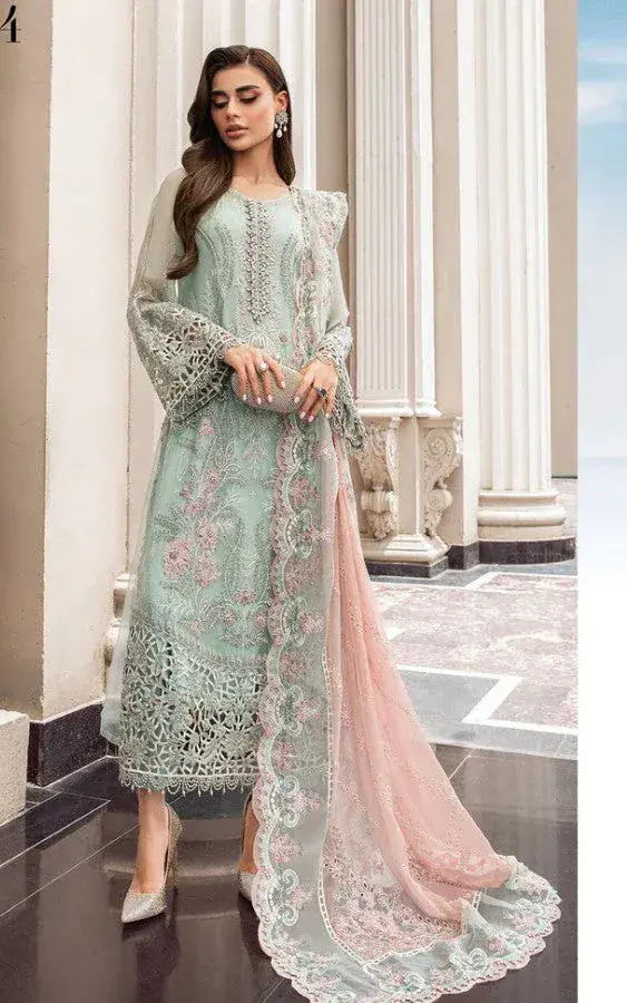 Embroidered Chiffon Suit CHF-4-23 in pastel blue / pink — full outfit view