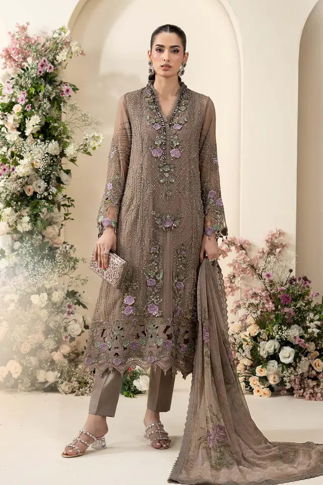 Maria B Muted Mocha Brown Chiffon full-length primary view
