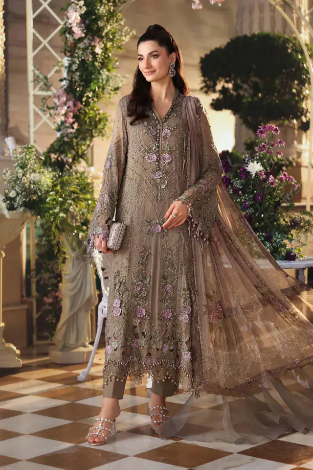 MCS-26-102 mouse grey embroidered chiffon formal, full front view