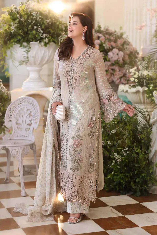 MCS-26-107 ivory embroidered chiffon formal, full front view