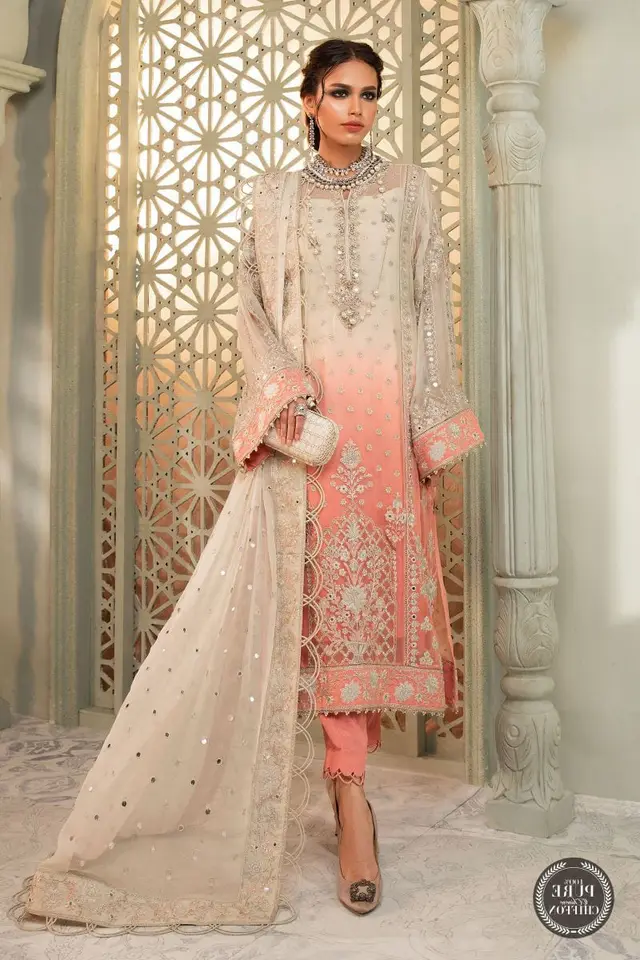 Maria B Cream and Coral Pink Chiffon full-length primary view