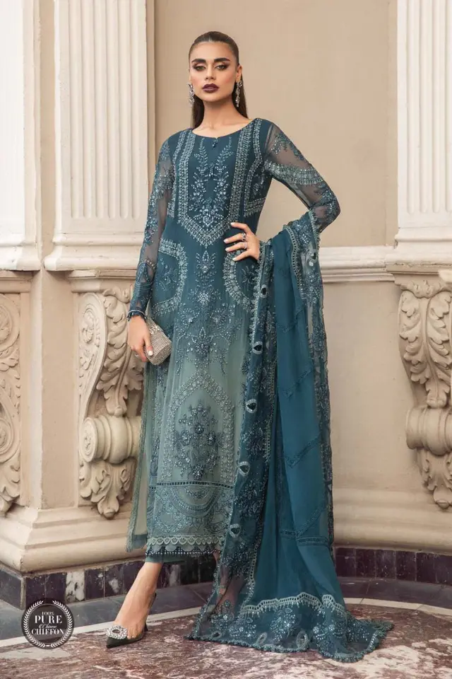 Maria B Teal Blue Chiffon full-length primary view