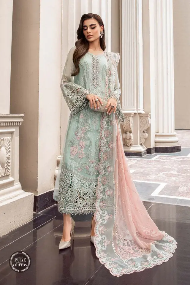 Maria B Mint Green Chiffon designer-inspired formal dress, full-length primary view