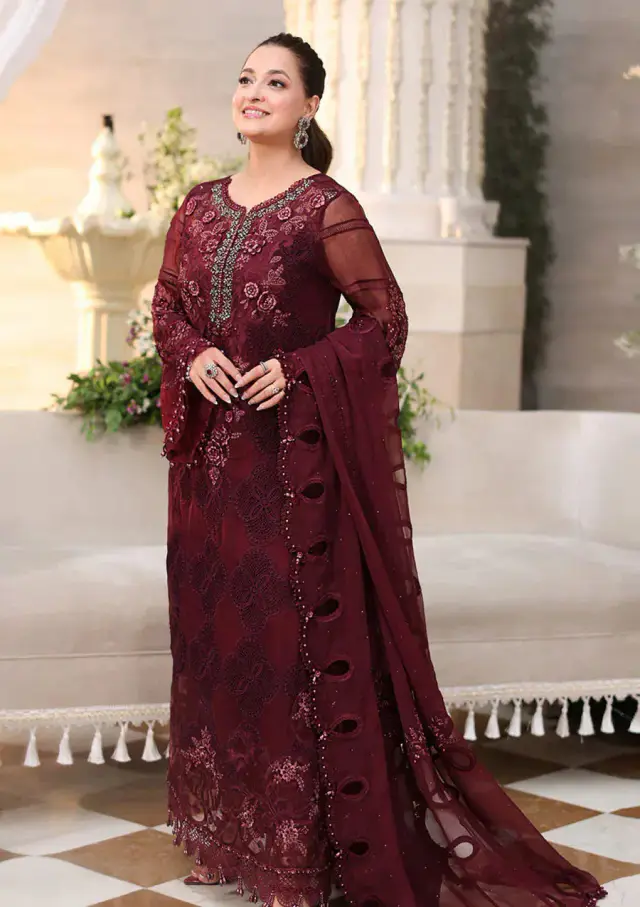 Maria B maroon embroidered chiffon formal, full front view