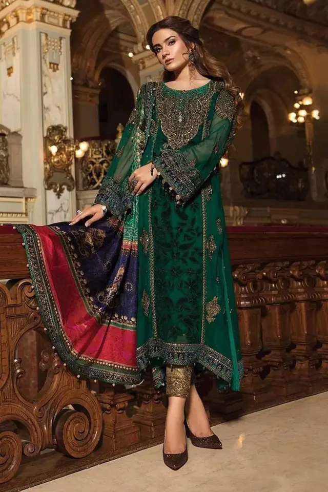 Maria B Emerald Green MB18-W01 embroidered velvet wedding suit, full-length view