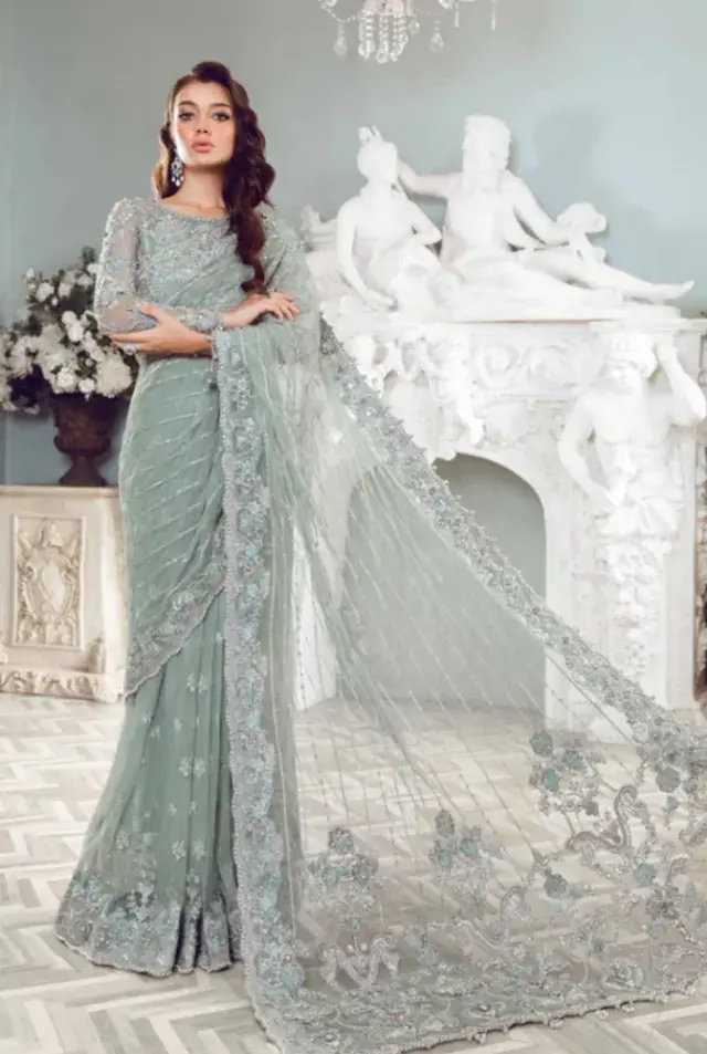 Helene Sage Green Saree in sage green / silver — full outfit view
