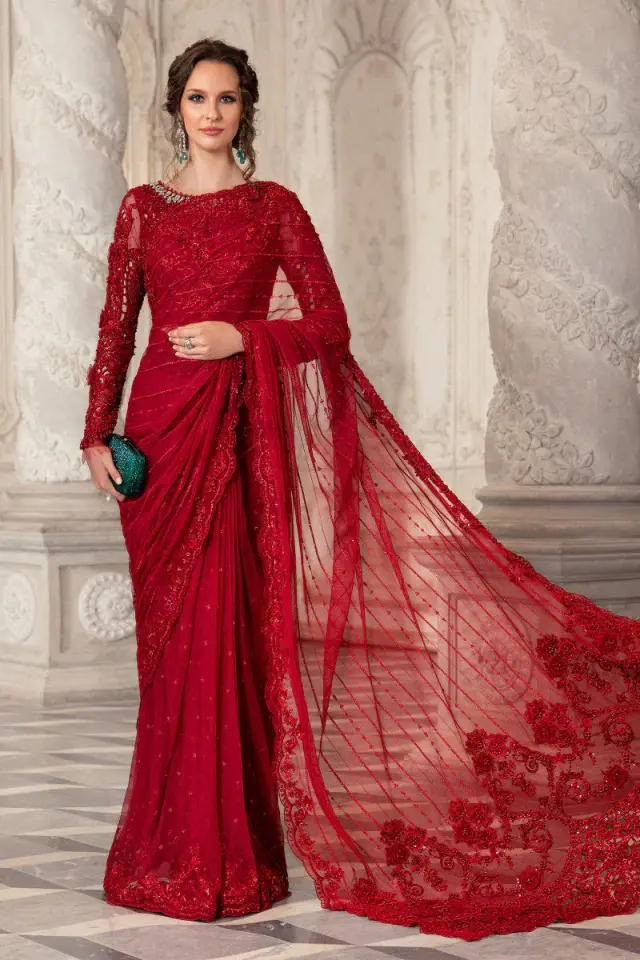 Red Couture Saree in deep red — full outfit view