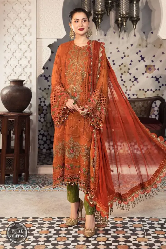 Maria B Rust and Olive Green designer-inspired formal dress, full-length primary view