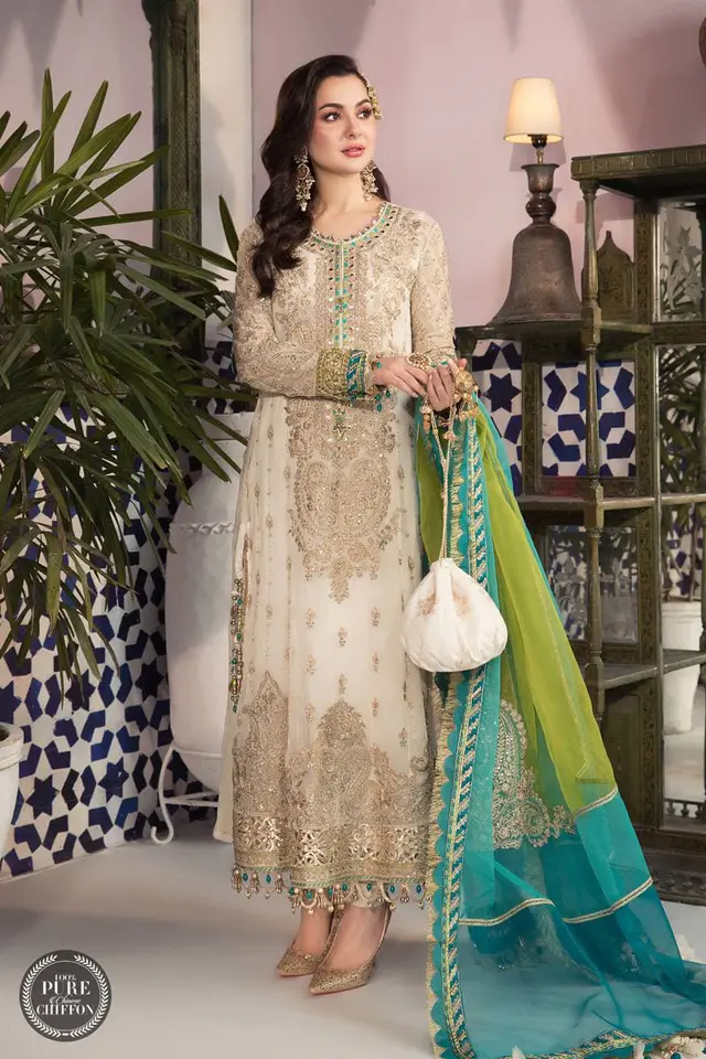 Maria B Cream and Ferozi designer-inspired formal dress, full-length primary view