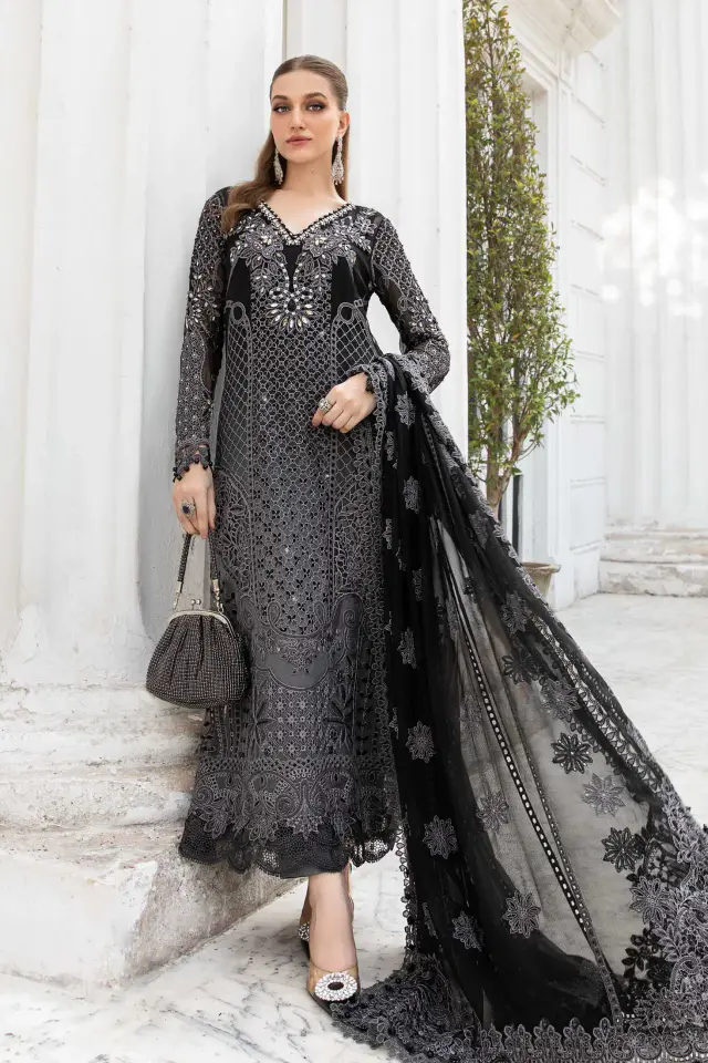 Black Embroidered Chiffon Suit in black — full outfit view