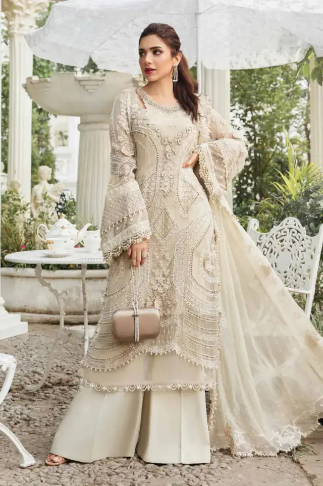 Coffee Embroidered Chiffon Suit in soft coffee — full outfit view