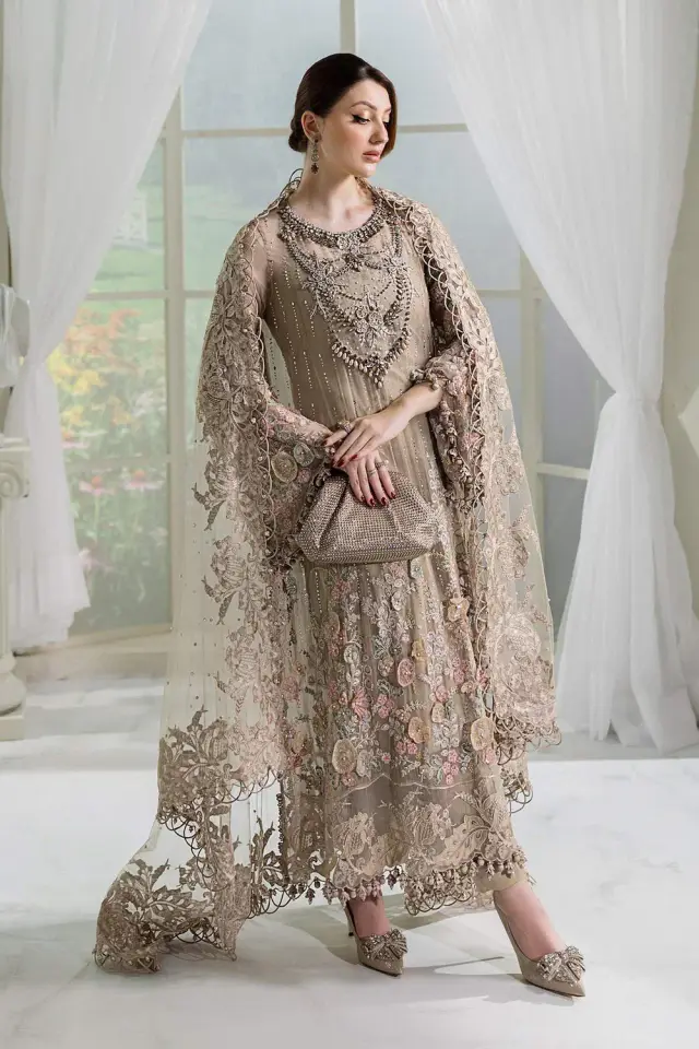 Beige Embroidered Chiffon Suit in soft beige — full outfit view
