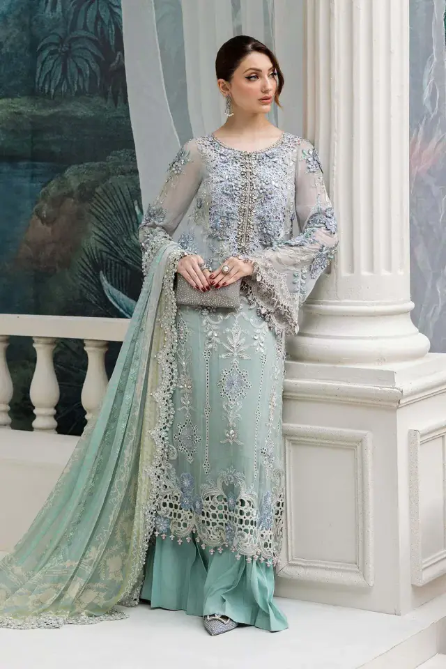 Aqua Embroidered Chiffon Suit in aqua blue — full outfit view